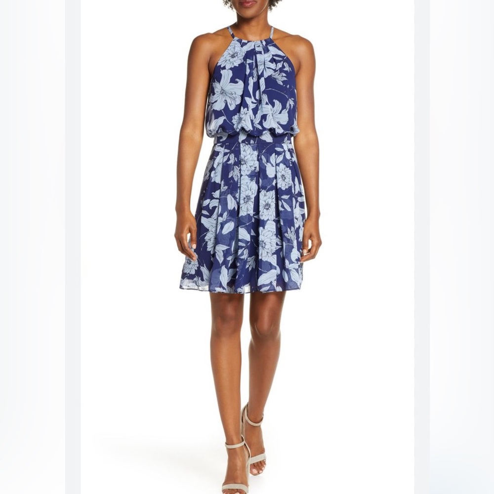 NEW Eliza J Dress Women Plus Sz 18 Floral Halter Blue Pleated Short Dressy Party